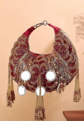 Embroidered Mirror Work Moon Shaped Suede Clutch