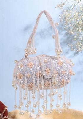 Embroidered Sequinned Work Oval Shaped Suede Clutch