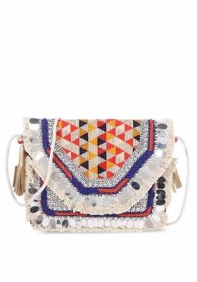 Women Red Blue Textured Embroidered Boho Clutch Bag
