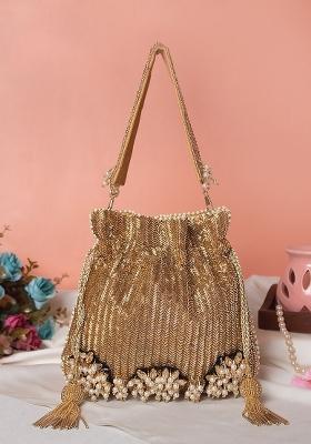 Gold Toned White Embellished Potli