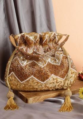 Gold Toned White Embroidered Potli