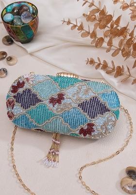 Blue Red Embroidered Box Clutch