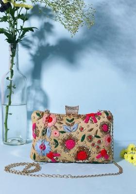 Gold Toned Blue Embroidered Box Clutch
