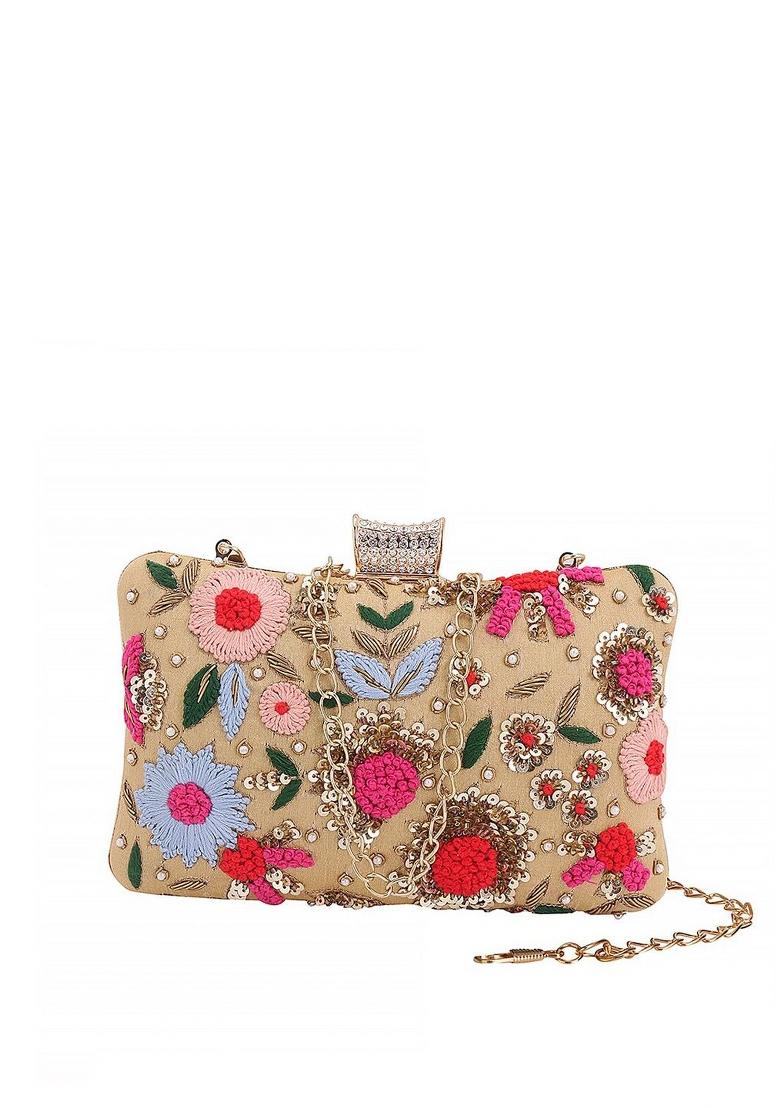 Gold Toned Blue Embroidered Box Clutch - Indya