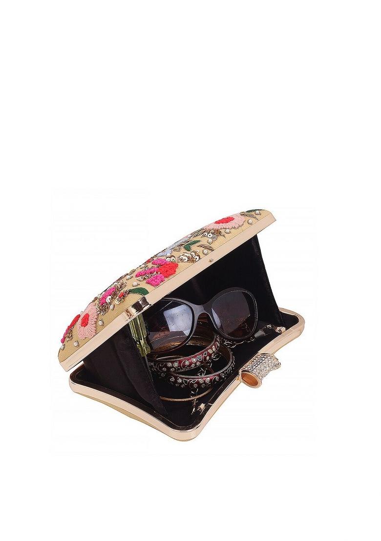 Gold Toned Blue Embroidered Box Clutch - Indya