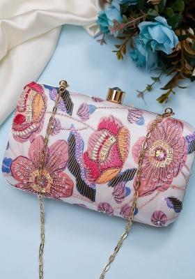 White Pink Embroidered Box Clutch