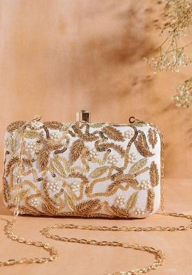 White Gold Toned Embroidered Purse Clutch