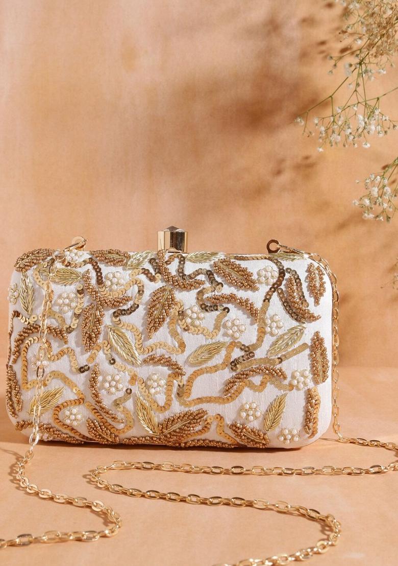 White Gold Toned Embroidered Purse Clutch