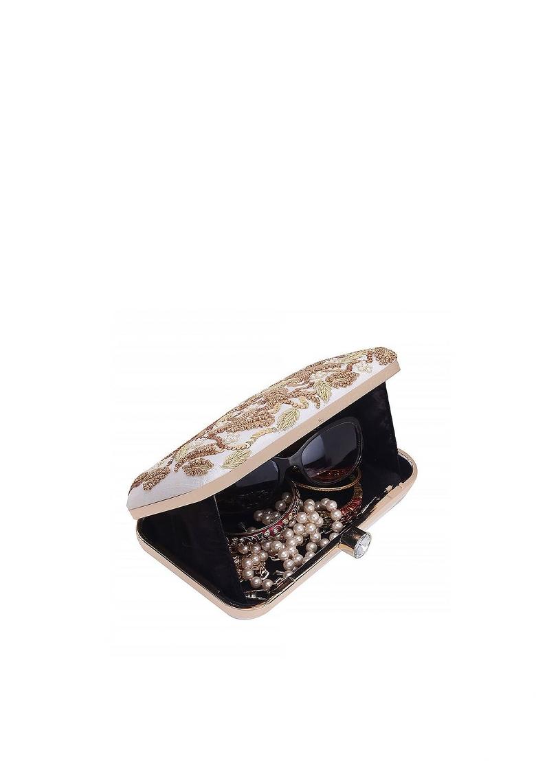 White Gold Toned Embroidered Purse Clutch