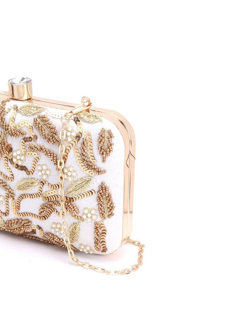 White Gold Toned Embroidered Purse Clutch