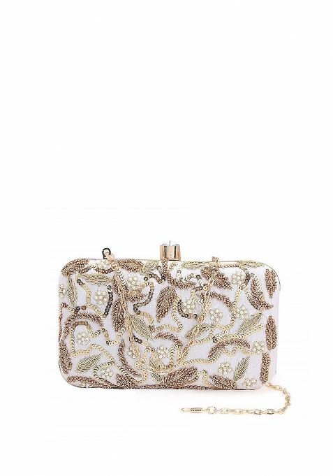 White Gold Toned Embroidered Purse Clutch