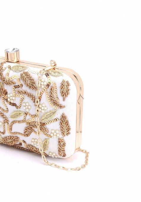 White Gold Toned Embroidered Purse Clutch