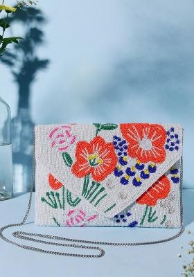 Women White Orange Floral Embellished Envelope Clutch