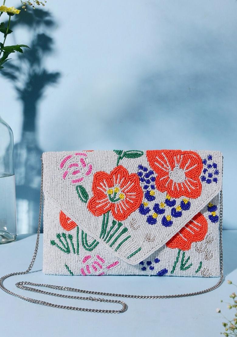 Women White Orange Floral Embellished Envelope Clutch