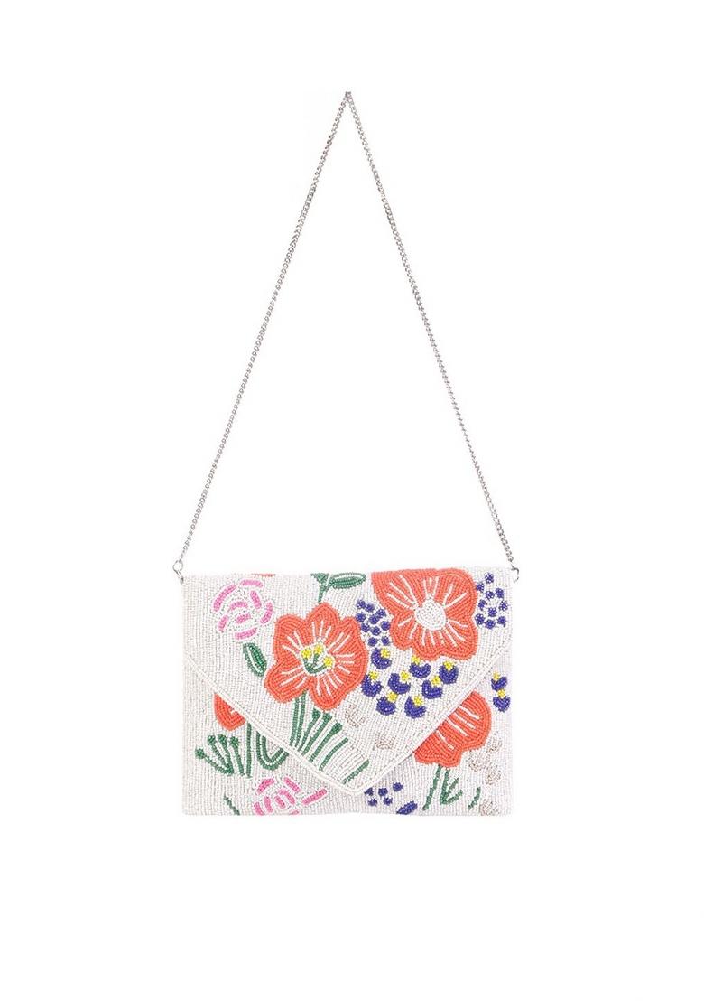 Women White Orange Floral Embellished Envelope Clutch