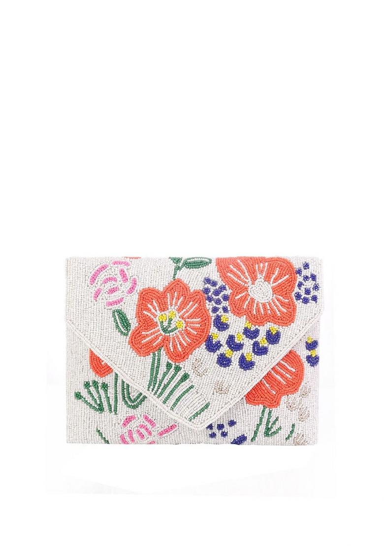 Women White Orange Floral Embellished Envelope Clutch
