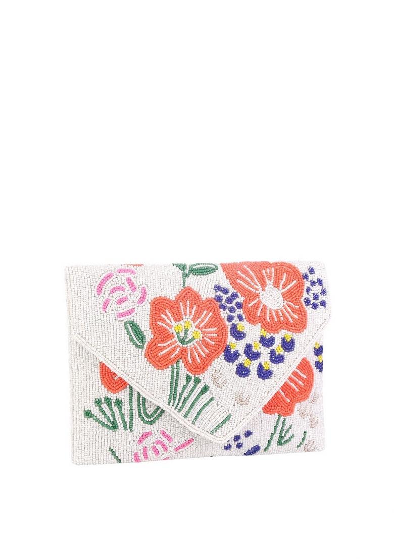 Women White Orange Floral Embellished Envelope Clutch