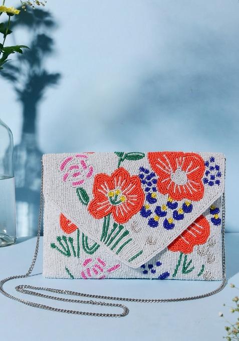Women White Orange Floral Embellished Envelope Clutch