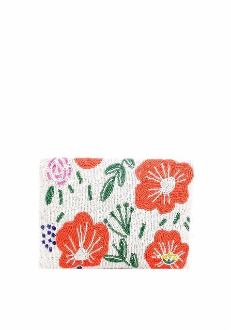 Women White Orange Floral Embellished Envelope Clutch