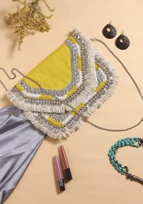 Embellished Fringed Foldover Clutch
