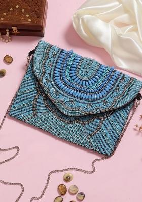 Blue Black Embellished Fringed Purse Clutch
