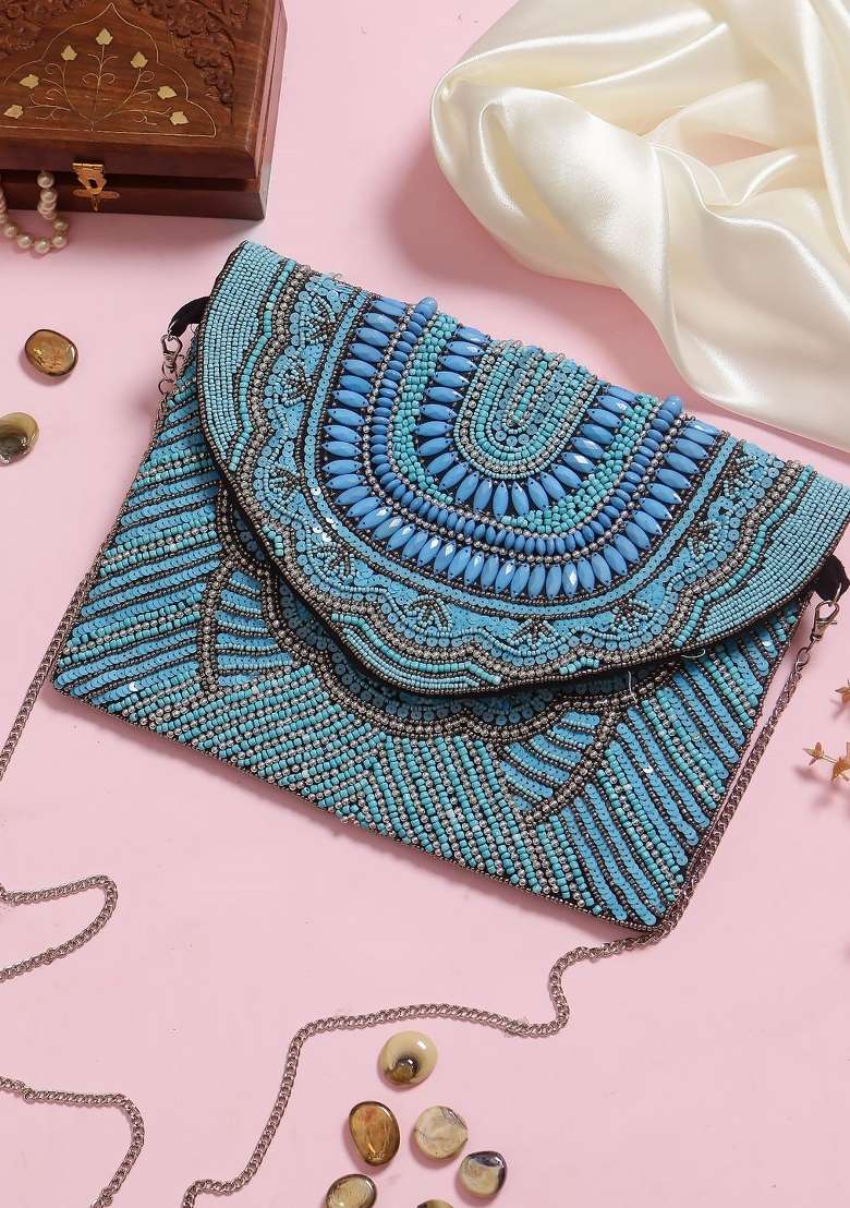 Blue Black Embellished Fringed Purse Clutch - Indya