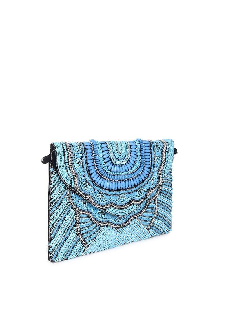 Blue Black Embellished Fringed Purse Clutch - Indya