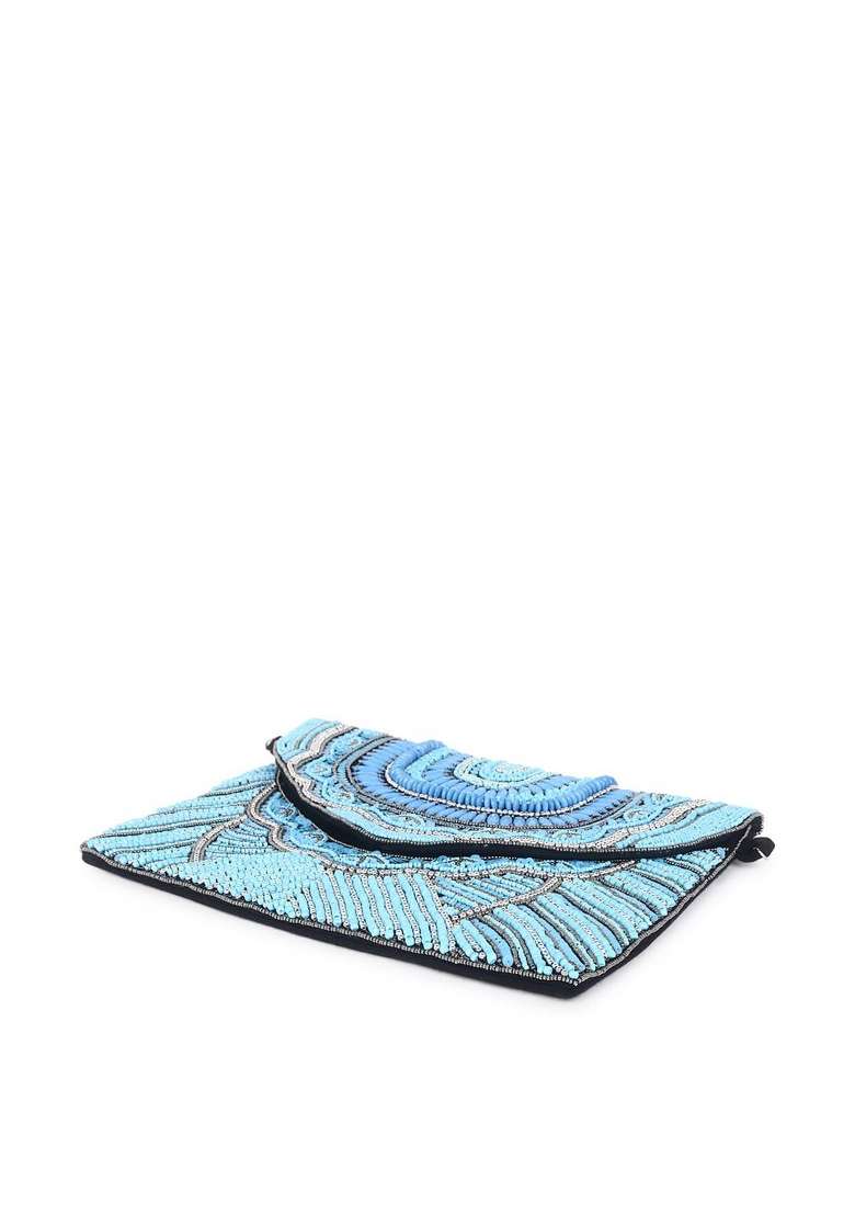 Blue Black Embellished Fringed Purse Clutch - Indya