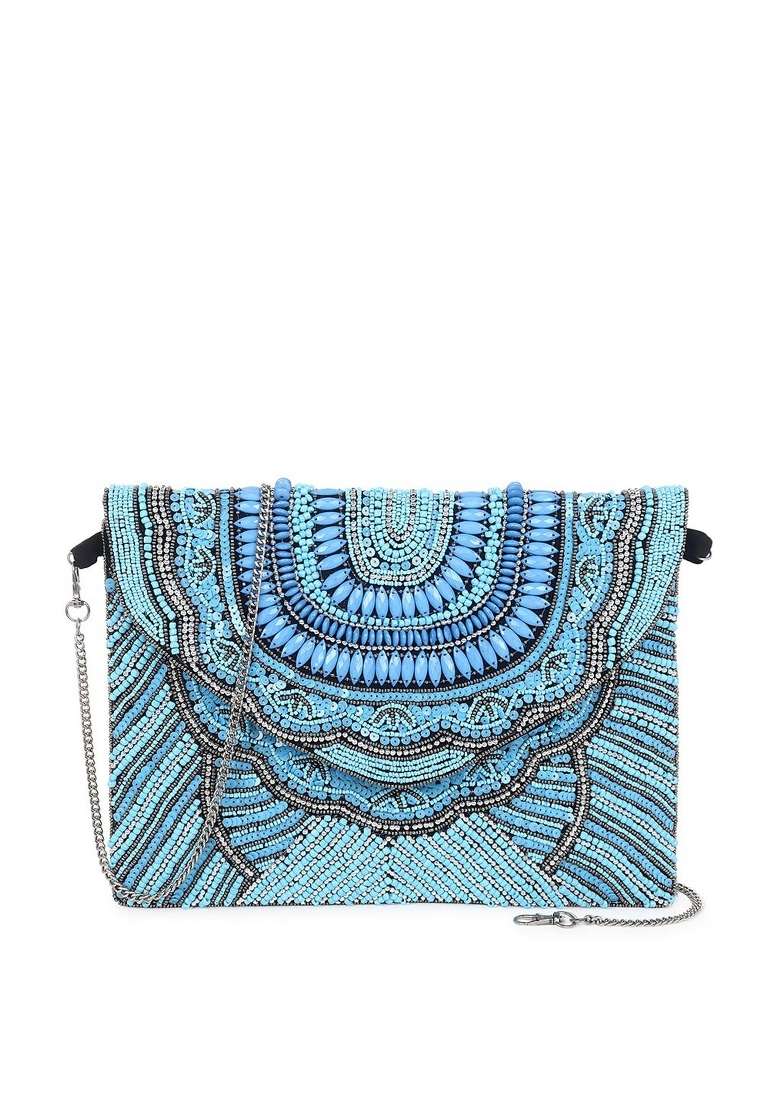 Blue Black Embellished Fringed Purse Clutch - Indya