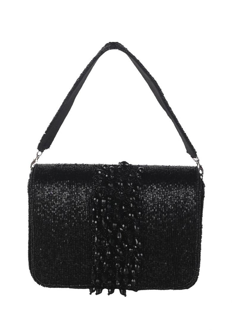 Embroidered Crystal Work Box Shaped Suede Flap Clutch - Indya