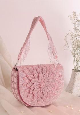 Embroidered Beads Stones Work Flap Shaped Suede Clutch