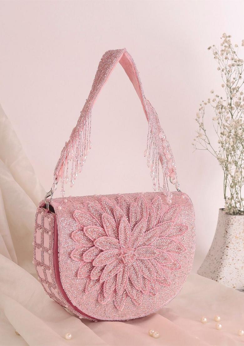 Embroidered Beads Stones Work Flap Shaped Suede Clutch