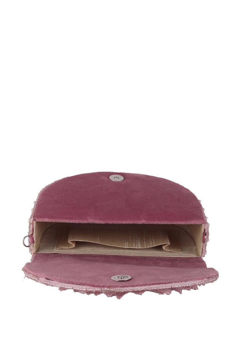 Embroidered Beads Stones Work Flap Shaped Suede Clutch