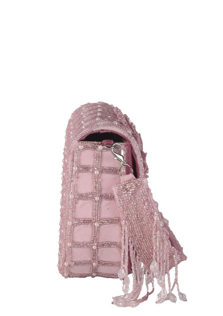 Embroidered Beads Stones Work Flap Shaped Suede Clutch