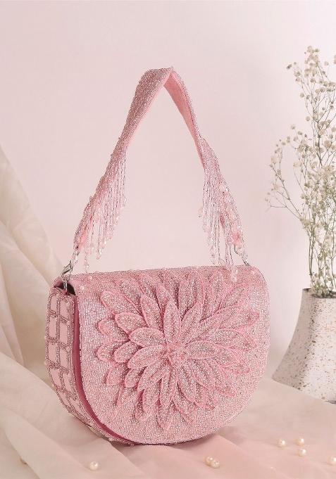 Embroidered Beads Stones Work Flap Shaped Suede Clutch