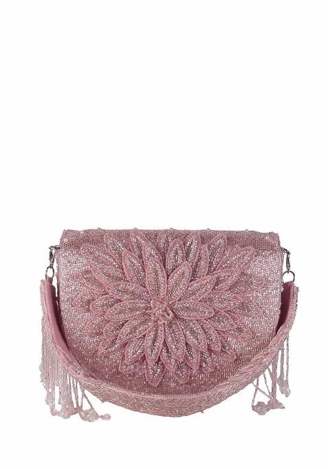 Embroidered Beads Stones Work Flap Shaped Suede Clutch