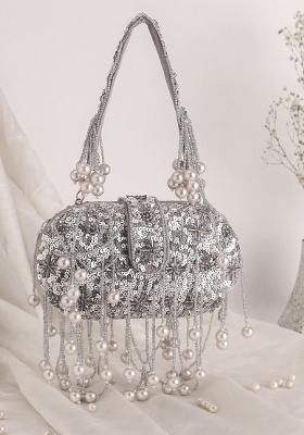 Embroidered Sequinned Beads Work Oval Shaped Suede Clutch