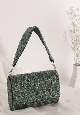 Embroidered Beads Stones Work Flap Shaped Suede Clutch