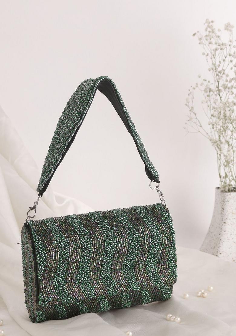 Embroidered Beads Stones Work Flap Shaped Suede Clutch