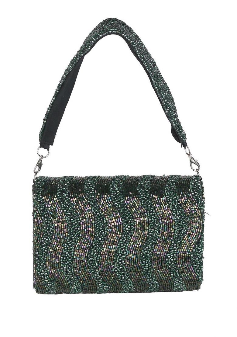 Embroidered Beads Stones Work Flap Shaped Suede Clutch