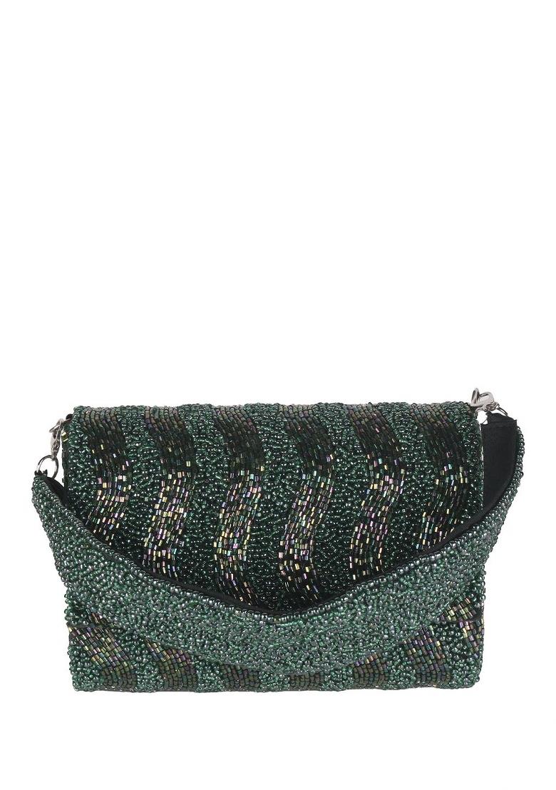 Embroidered Beads Stones Work Flap Shaped Suede Clutch