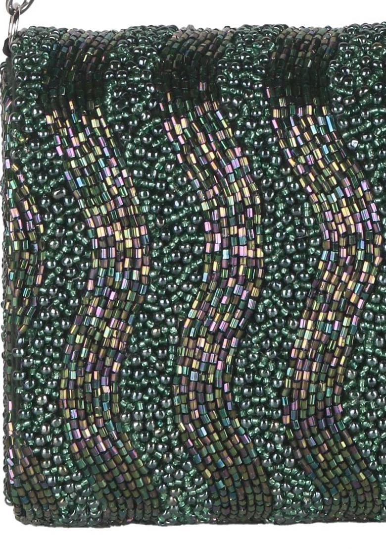 Embroidered Beads Stones Work Flap Shaped Suede Clutch