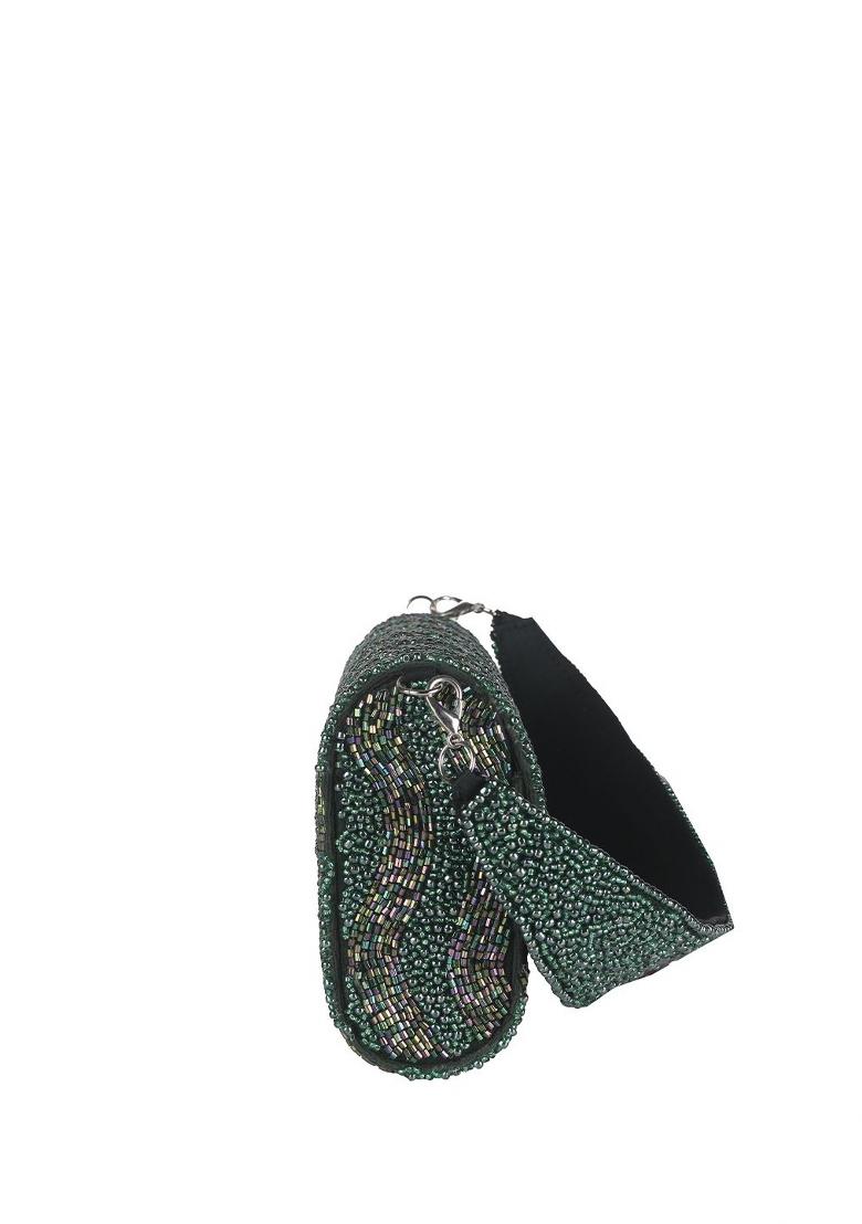 Embroidered Beads Stones Work Flap Shaped Suede Clutch