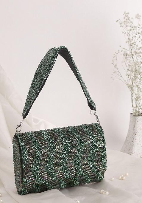 Embroidered Beads Stones Work Flap Shaped Suede Clutch