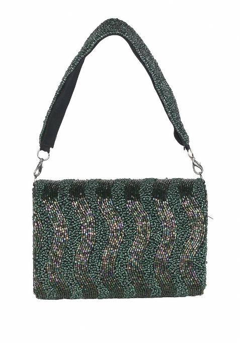 Embroidered Beads Stones Work Flap Shaped Suede Clutch