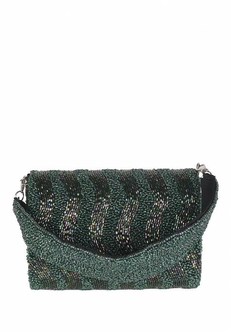 Embroidered Beads Stones Work Flap Shaped Suede Clutch