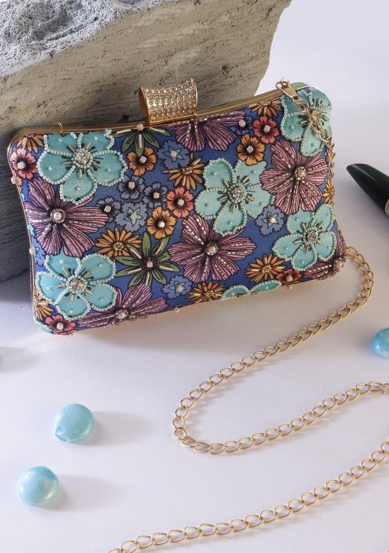 Floral Printed Embellished Box Clutch