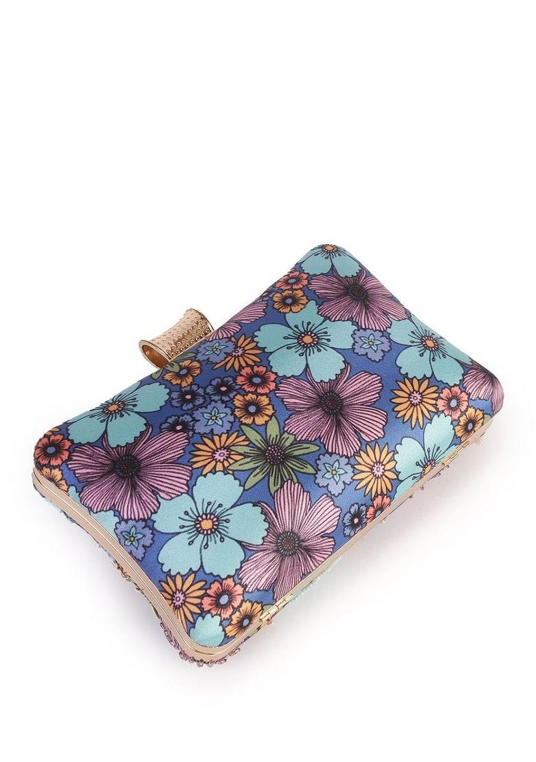 Floral Printed Embellished Box Clutch