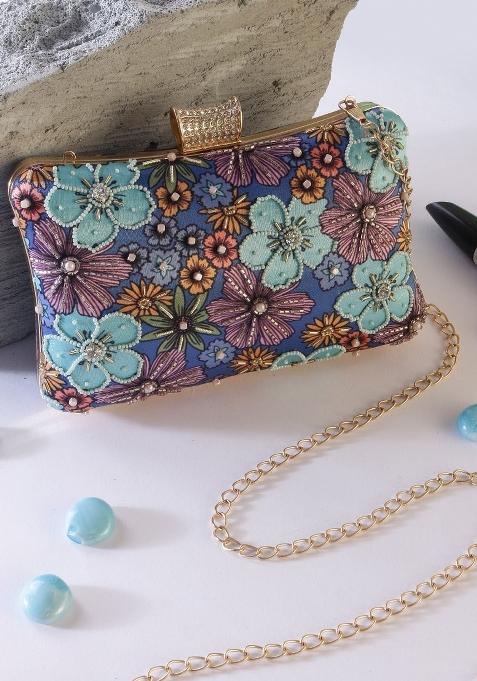 Floral Printed Embellished Box Clutch
