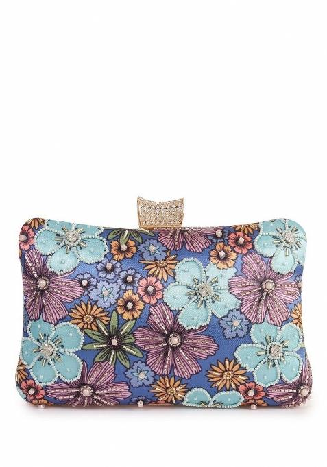 Floral Printed Embellished Box Clutch